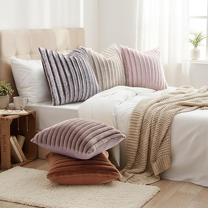 decorUhome Summer Cozy Faux Fur Throw Pillow Covers 22x22 Set of 2 Decorative Plush Striped Modern Farmhouse Boho Couch Euro Sham Pillow Cases with Velvet Back for Sofa Bed Living Roomr, Beige White