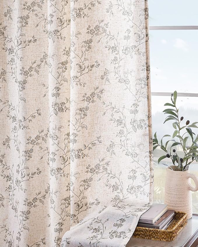 Lazzzy Floral Linen Curtains Farmhouse Extra Long Curtain for Living Room Bedroom Light Filtering Vintage Rod Pocket Back Tab Drapes for Home, 2 Panels, Gray on Beige, W38 X L108