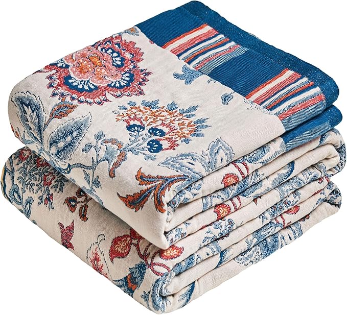MSGKV Boho Throw Blanket 90"x108" 100% Cotton Floral Blanket for Bed Spring Breathable Lightweight King Blankets All Seasons Home Decor Muslin