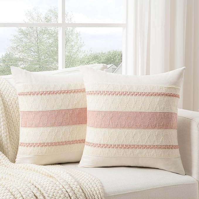 Fancy Homi Set of 1 Boho Pink Decorative Throw Pillow Cover 16x16 Inch for Couch Bed Sofa, Aesthetic Modern Organic Farmhouse Home Decor, Soft Cotton Cute Accent Macrame Woven Cushion Case