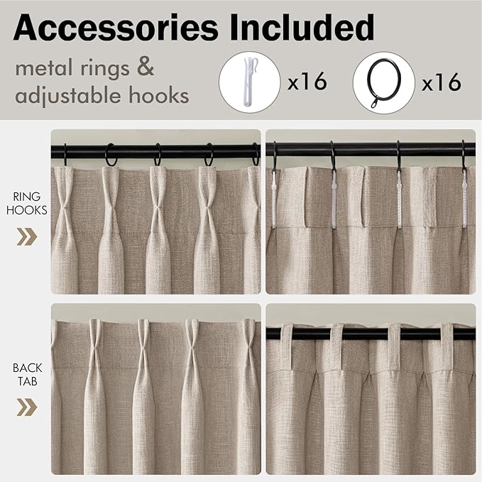 MIULEE Pinch Pleated Thick Linen Curtains 108 Inches Long 2 Panels for Living Room Bedroom, Extra Long Linen Drapes Pinch Pleat Back Tab Rustic Farmhouse Foor to Ceiling Curtains with Hooks, Taupe