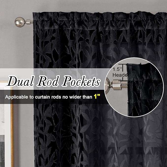 Lecloud Leia Black Sheer Curtains 72 Inches Long 2 Panels, Jacquard Leaf Textured Light Filtering Bedroom Curtains, Rod Pockets Airy Voile Drapes for Living Room Dining Room, Each Panel 42" W x 72" L