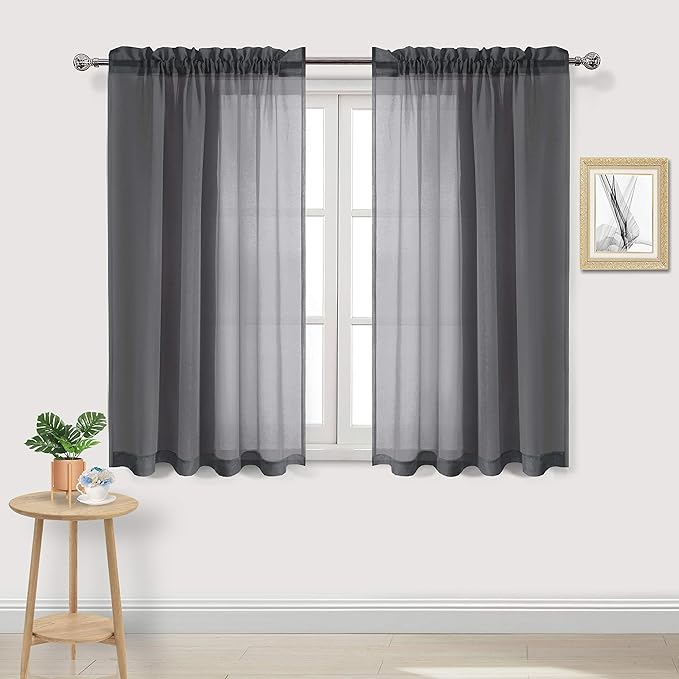DWCN Dark Gray Sheer Curtains Semi Transparent Voile Rod Pocket Curtains for Bedroom and Living Room, 52 x 54 inches Long, Set of 2 Panels
