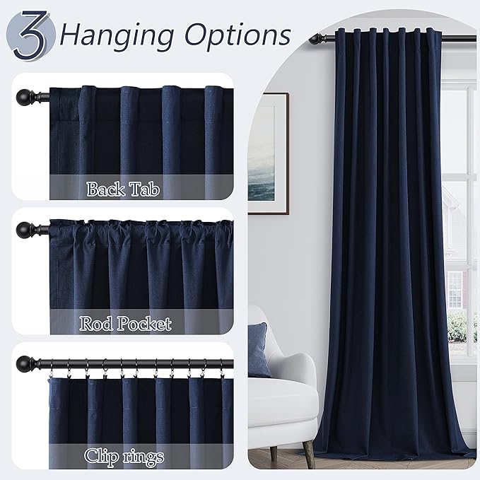 Guken Navy Blue 100% Blackout Curtains 84 Inch Length 2 Panels Set for Living Room Bedroom Back Tab Thermal Insulated Black Out Linen Drapes Room Darkening Window Curtains 84 Inches Long