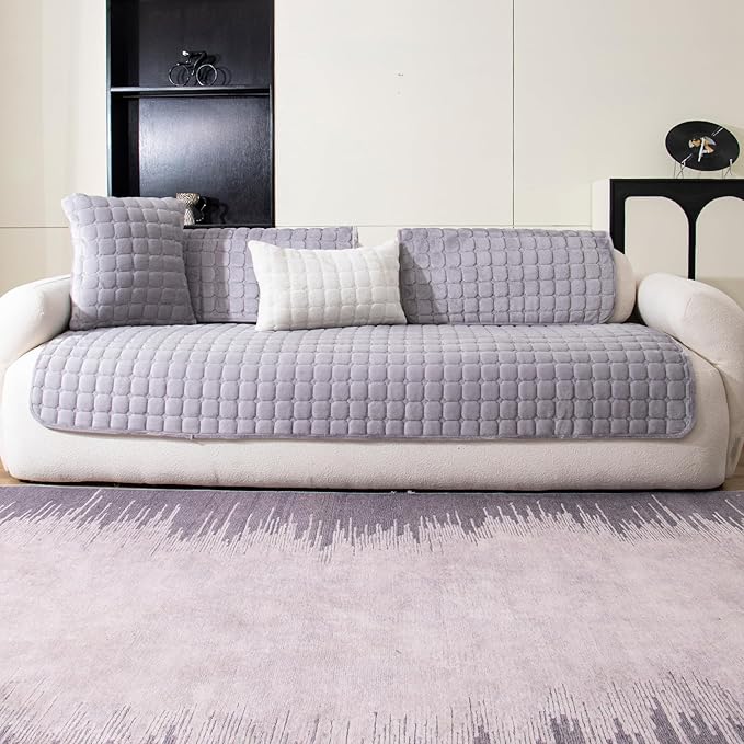 Velvet Couch Cover, Washable Sectional Sofa Cover, Anti Slip Sofa Slipcovers for 3 Cushion Couch Sofa L Shaped Recliner, Furniture Protector Covers for Pets Kids(Light Grey, Only 1 PCS)