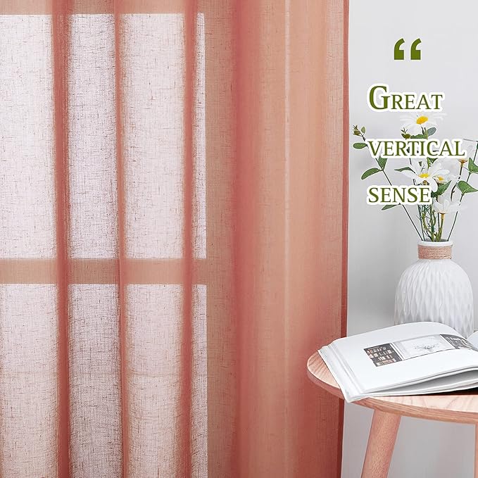 NICETOWN Linen Sheer Burnt Orange Curtains, Grommet Decorative Rustic Farmhouse Linen Blend Curtains & Drapes Privacy with Light Through for Bedroom/Living Room, W52 x L90, 1 Pair