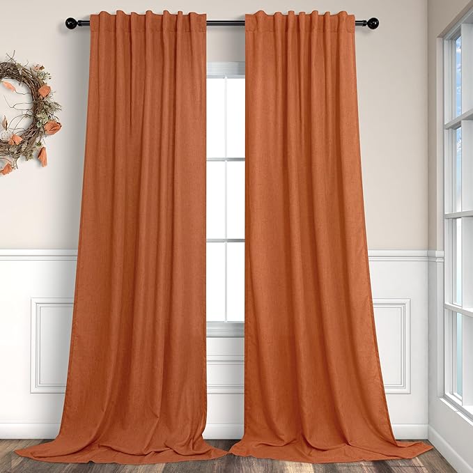 Pitalk Burnt Orange Curtains 84 Inch Length for Living Room 2 Panels Back Tab Pocket Flax Linen Blend Drapes Light Filtering Semi Sheer Boho Curtain for Bedroom Bohemian Farmhouse Rust Copper Brown