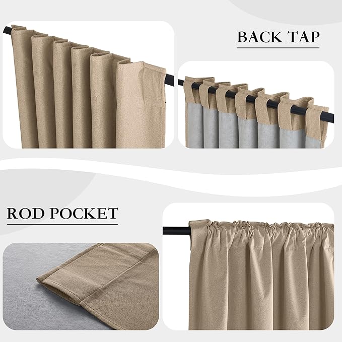 RYB HOME 100% Blackout Flax Linen Curtains, UV Protection Drapes for Bedroom, Rod Pocket & Back Tab UV Protection Drapes, Living Room & Villa Theater, Set of 2, W52 x L108, Mocha