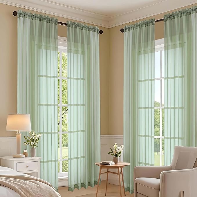 OVZME Sheer Sage Green Curtains 108 Inches Long 2 Panels Set, 59 Inch Extra Wide Lightweight Airy Sage Green Sheer Curtain for Living Room Bedroom, Filmy Voile Rod Pocket, 59Wx108L Inches