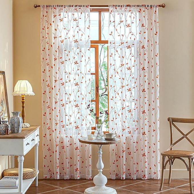 AmHoo 2 Panels Embroidered Leaf Pattern Semi Sheer Curtains Foliage Floral Voile Window Draperies Treatment for Bedroom Living Room Rod Pocket White Burnt Orange 53 x 84 Inch