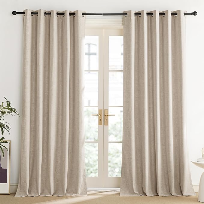 NICETOWN Cream 100% Blackout Linen Curtains 95 inch Long Burg for Living Room, 1 Pair, 62" Width Each Panel, Farmhouse Thick Completely Blackout Window Treatment Thermal Insulated Drapes