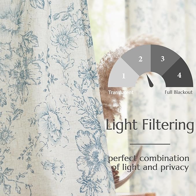 jinchan Linen Floral Curtains 84 Inch Length for Living Room Bedroom Light Filtering Farmhouse Peony Flower Drapes Rustic Window Curtain Set Rod Pocket Back Tab 2 Panels Blue