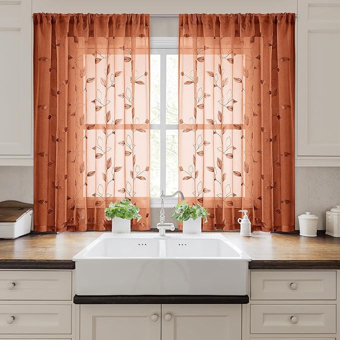 HOMEIDEAS Fall Burnt Orange Sheer Curtains 52 x 54 Inch Length 2 Panels Embroidered Leaf Pattern Short Curtains for Bedroom Half Small Window Rod Pocket Kitchen
