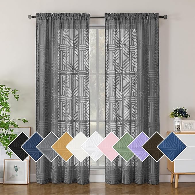 Simplebrand Grey Sheer Curtains 72 Inch Length 2 Panels for Living Room, Light Filtering Geometric Jacquard Clip Textured Rod Pocket Semi Sheer Curtains for Front Back Patio Glass Door，42x72 inch