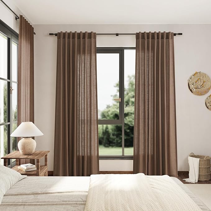 Caramel Brown Linen Curtains 120 Inch Extra Long for Living Room Back Tab Light Filtering Semi Sheer Drapes Modern Farmhouse Decor Cotton Textured Curtain for Floor to Ceiling High Window 52x120