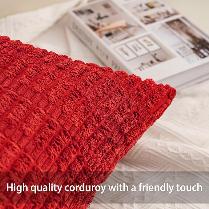 Pack of 2 Corduroy Decorative Throw Pillow Covers 12x20 Inch Soft Striped Pillow Covers Modern Farmhouse Home Decor for Sofa Living Room Couch Bed（Red）
