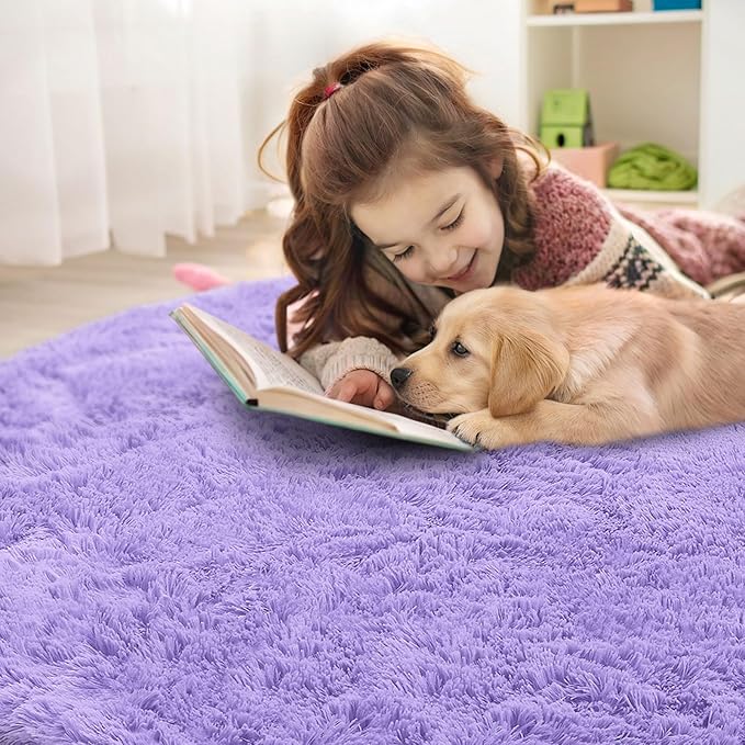 OLANLY Light Purple Round Rugs for Bedroom - Machine Washable, 2 ft Circle Area Rugs for Living Room, Soft and Fluffy Shaggy Carpet for Teen Girls and Boys, Nursery Rooms, Dorms, Home Decor Aesthetic