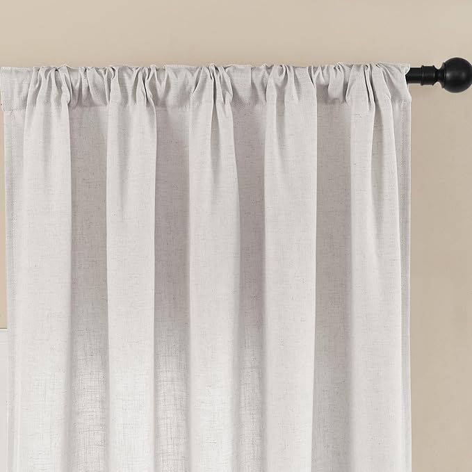 Joydeco Linen Curtains for Living Room,Light Filtering Rod Pocket Back Tab Semi Sheer Drapes Window Long Curtains 96 inches Long Blanc de Blanc