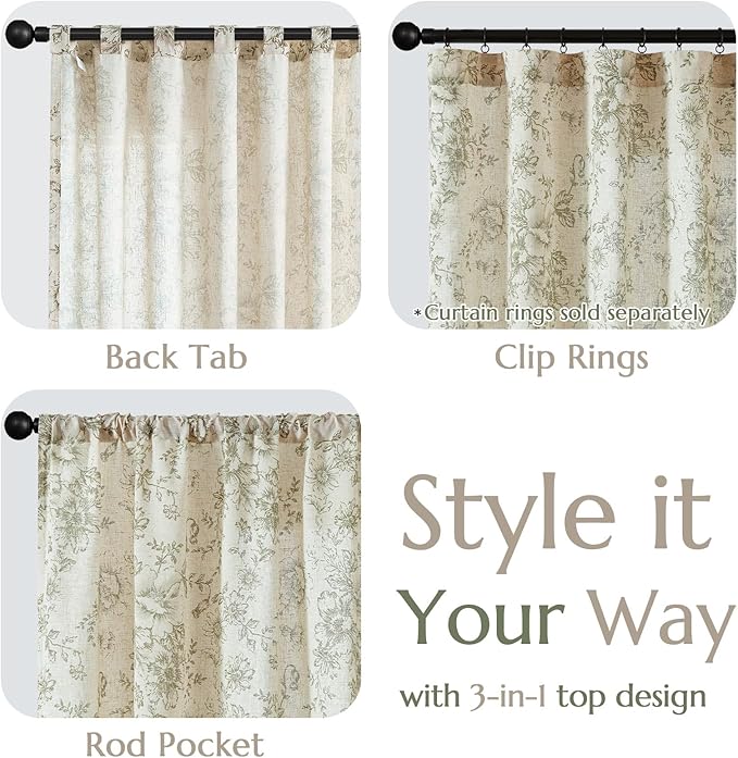 jinchan Linen Blend Floral Curtains for Living Room 63 Inch Length Farmhouse Printed Curtain Rod Pocket Back Tab Sage Green Peony Flower Patterned Drapes Bedroom Curtains Set 2 Panels