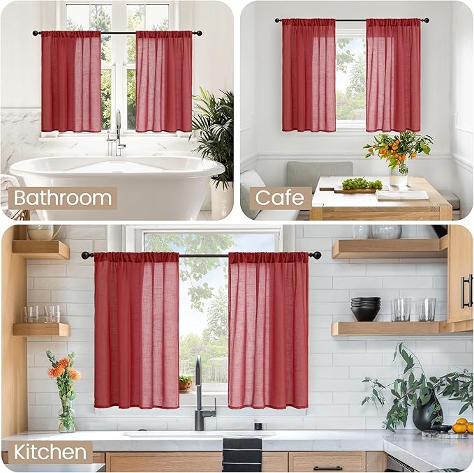 BGment Burgundy Linen Kitchen Window Curtains Over Sink 36 Inch Length, Short Cafe Drapes Lightweight Semi Sheer with Rod Pocket for Bathroom Windows, 2 Panels Set, Each 42 Inch Wide