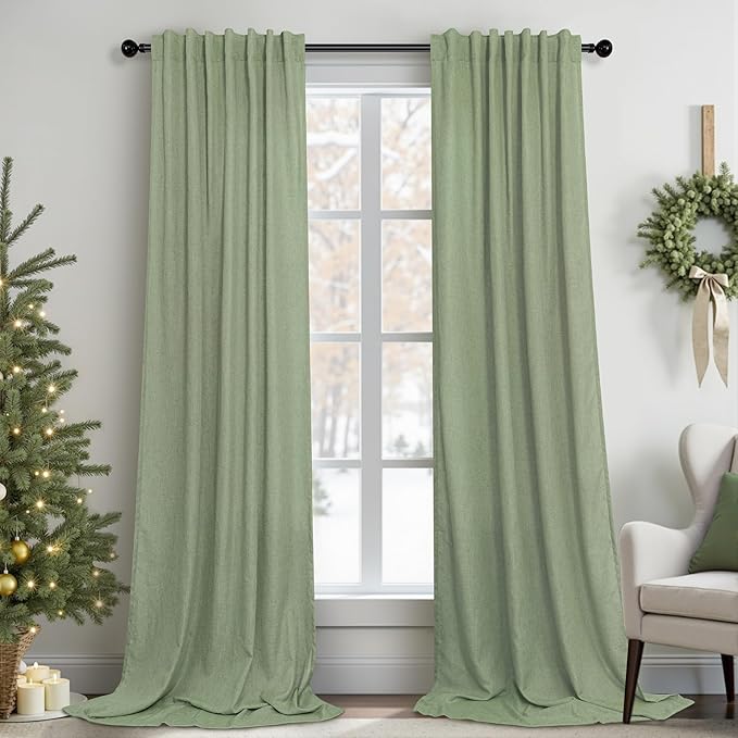 Christmas Sage Green Curtains 108 Inches Long for Living Room 2 Panels Set Back Tab Loop Pocket Linen Drapse Earth Soft Cotton Textured Light Green Sheer Curtains for Large Windows Vertical 9 FT Tall