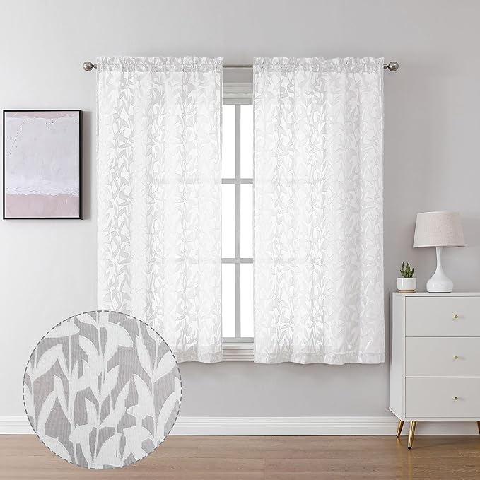 Lecloud Leia Texture Sheer White Curtains 54 Inch Length Set of 2 Panels, Dual Rod Pockets Window Living Room Curtain with Leaves, Semi-Sheer Bedroom Kitchen Cupboard Drapes Farmhouse, 38W x 54L