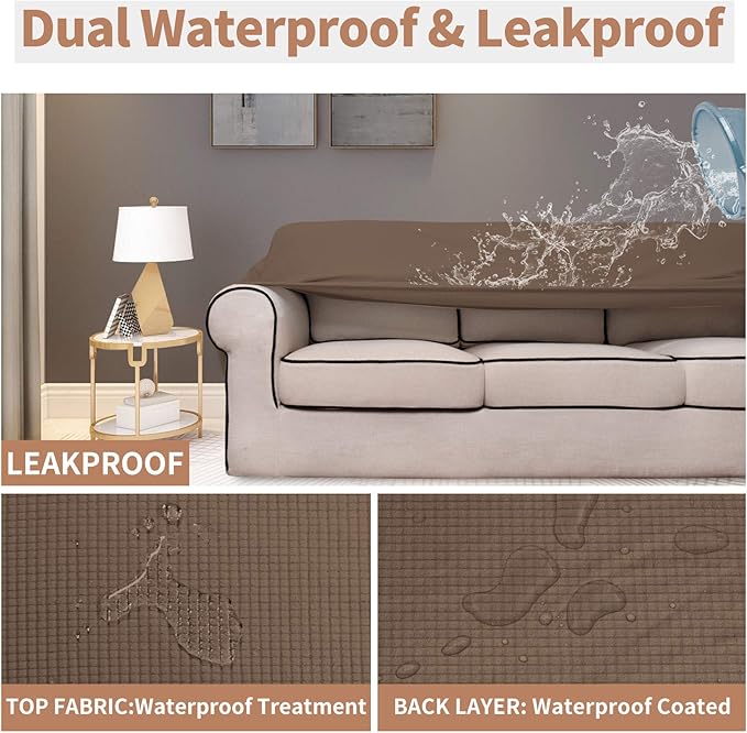 Easy-Going 100% Waterproof Couch Cover, Dual Waterproof Sofa Cover, Stretch Jacquard Sofa Slipcover, Leakproof Furniture Protector for Kids, Pets, Dog and Cat (Oversized Sofa, Brown)