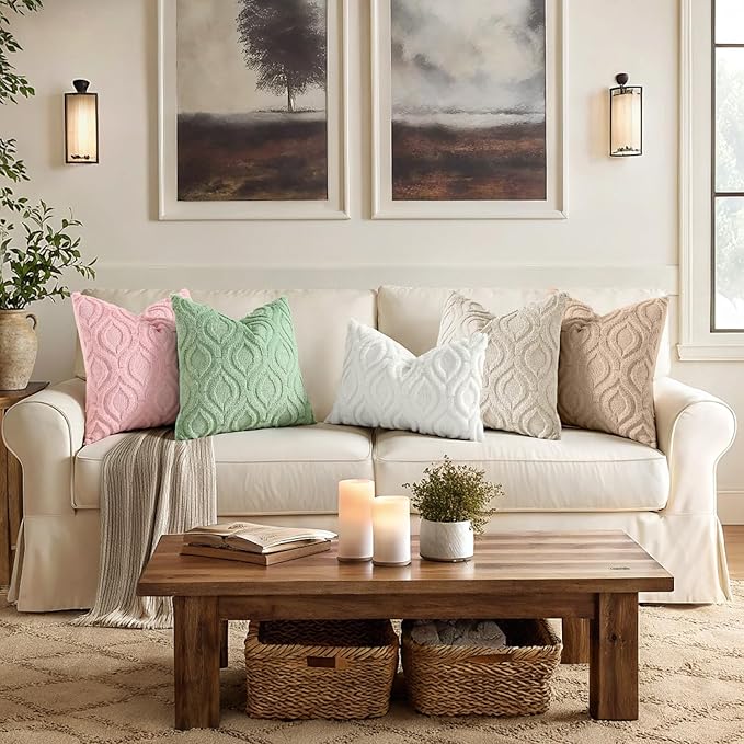 decorUhome Throw Pillow Covers 20x20 Inch Set of 2, Soft Plush Faux Wool Pink Solid Couch Pillow Covers, Accent Farmhouse Neutral Square Pillow Cases for Sofa Bed Living Room