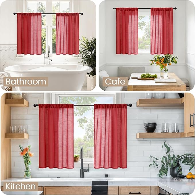 BGment Red Kitchen Curtains 36 Inch Length, Short Semi Sheer Drapes Lightweight Textured Rod Pocket for Bathroom Cafe Windows Over Sink, 2 Panels Set, Each 42 Inch Wide