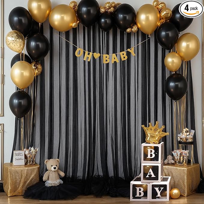 20ft x 15ft Black Tulle Backdrop Curtain for Parties Sheer Fabric Backdrop Curtains for Baby Shower Birthday Party Back Drop Wedding Graduation Photo Backdrop Drapes Background 4 Panels 5ft x 15ft