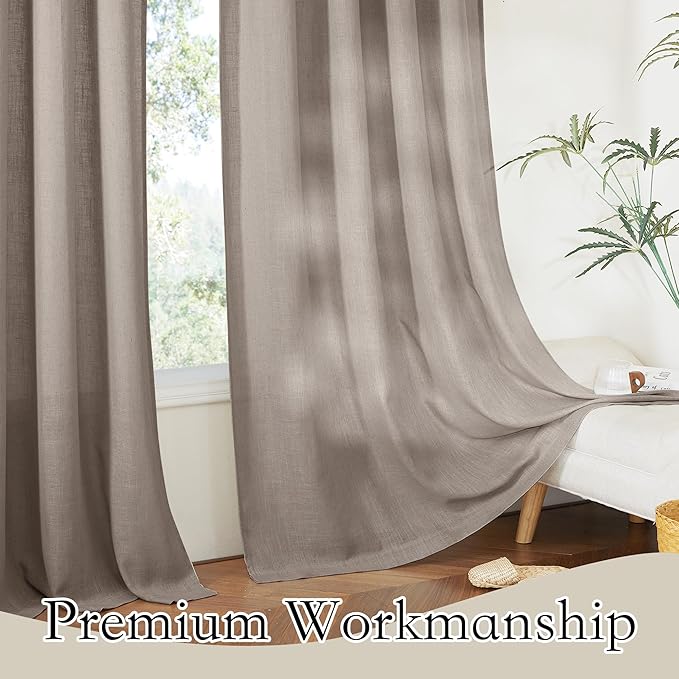 RYB HOME Linen Curtains for Bedroom - Light Airy Semi Sheer Curtains Large Window Decor for Living Room Sun Room Sliding Glass Door, Birch Brown, 52 inch Wide x 102 inch Long, 1 Pair