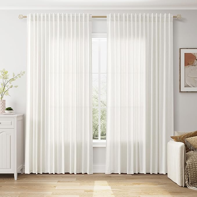 Nanspring Extra Wide 100x108 Inch Linen Curtains for Living Room Divider Light Filtering Semi Sheer Curtains for Sliding Door Beige White Coastal Decor Floor to Ceiling Window Curtain Panel