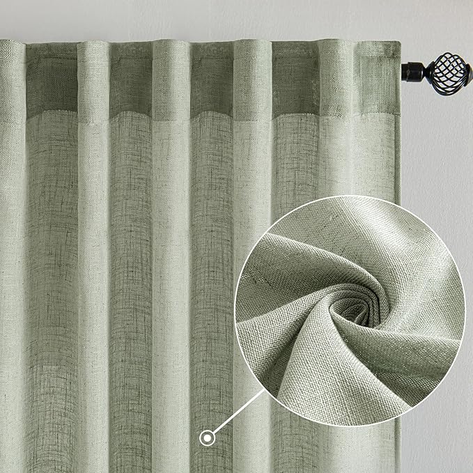 MIULEE Sage Linen Curtains 63 Inch Length 2 Panels for Bedroom Living Room,Green Soft Thick Linen Textured Kitchen Window Drapes Semi Sheer Light Filtering Back Tab Rod Pocket Burlap Look Decor