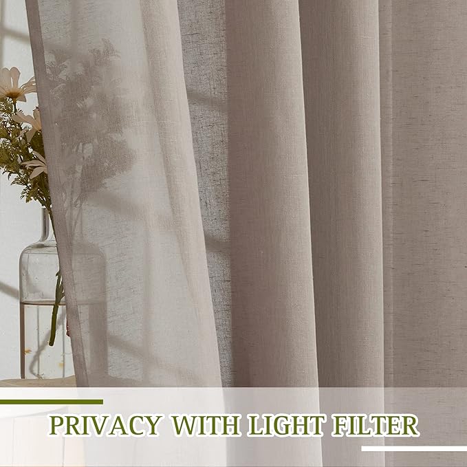NICETOWN Linen Burlap Curtains Semi Sheer for Bedroom, Grommet Top Linen Blend Semitransparent Privacy Window Drapes Light Filtering Curtains for Living Room, 52" W x 63" L, Set of 2