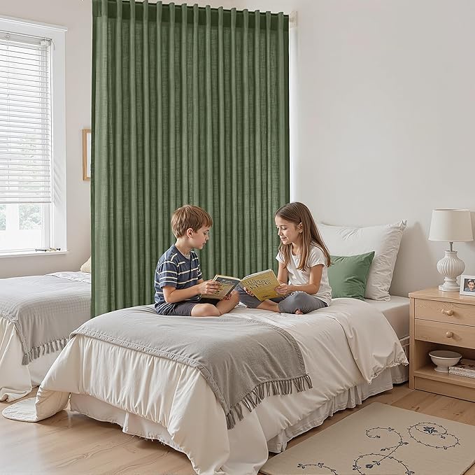 Extra Wide 100 Inch Linen Curtains for Living Room Divider Light Filtering Semi Sheer Back Tab Patio Curtains for Sliding Door Olive Green Coastal Decor Sunroom Floor to Ceiling Window Curtain 100x84