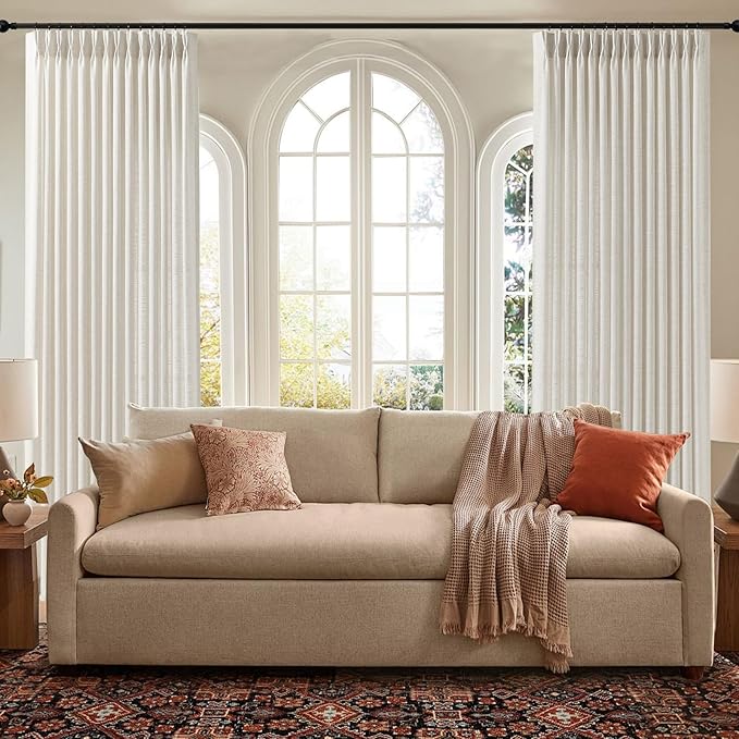 IVAPUPU Natural Extra Wide Pinch Pleated Linen Curtains for Living Room, Light Filtering Memory Training Semi Sheer Pleat Curtain with Hooks Rings Back Tab Window Treatments Drapes, 70Wx90L, 1 Panel