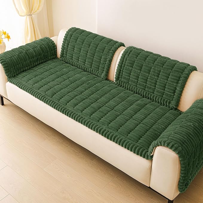 hyha Couch Covers for Dogs Washable, Non Slip Plush Dog Sofa Protectors, Fuzzy Pet Couch Covers for 3 Cushion Sofa Pet Friendly (Dark Green, 27.6" x 27.6")