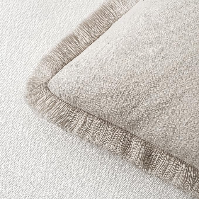 MIULEE Decorative Throw Pillow Covers Neutral Linen Fringe Throw Pillows Set of 2 Natural Beige Boho Farmhouse Cushion Covers with Tassels for Couch Sofa Bed Living Room Spring Decor 16x16 Inch