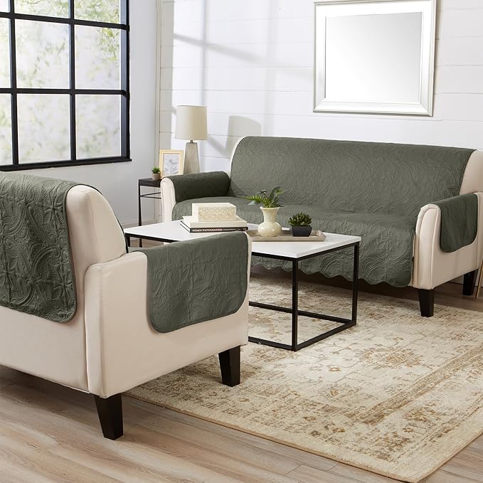 Great Bay Home Reversible Recliner Chair Cover - Washable Slipcover Furniture Protector with Elastic Straps - Perfect for Kids & Pets - Quilted & Stitched Detail (Sage Green/Light Gray)