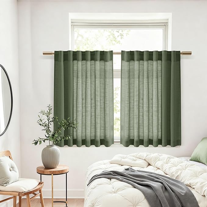 Nanspring Linen Kitchen Curtains 30 Inches Long 2 Panels Olive Green Semi Sheer Short Curtain Back Tab Rod Pocket Solid Privacy Cafe Tier Curtains for Cafe Bathroom Basement 36x30