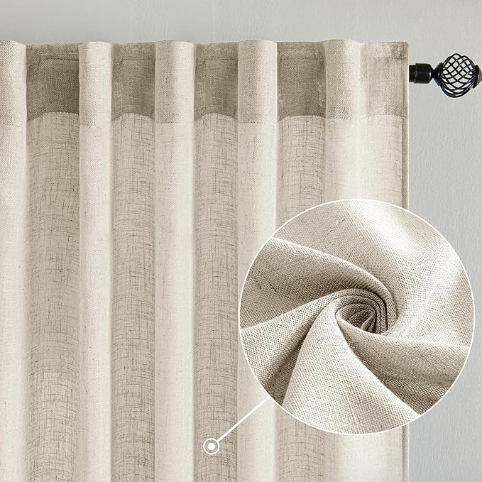 MIULEE Cream Linen Curtains 96 Inches Long 2 Panels for Bedroom Living Room, Soft Linen Textured Window Drapes Semi Sheer Light Filtering Back Tab Rod Pocket Farmhouse Modern Burlap Look Decor