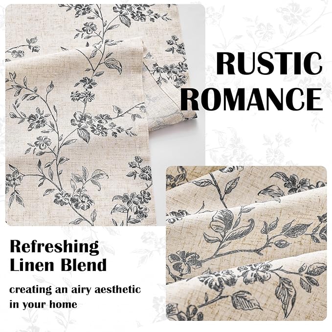 Lazzzy Black Floral Linen Curtains 90 Inch Farmhouse Back Tab Drapes for Living Room Bedroom Light Filtering Vintage Grandmillennial Rod Pocket Curtains, 2 Panels, W38 x L90, Black on Beige
