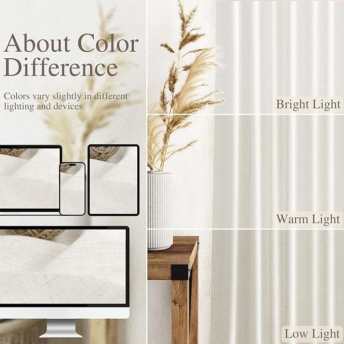 Beige White Kitchen Cafe Sheer Curtains 54 Inch Long 2 Panel Back Tab Linen Textured Light Filtering Short Neutral Bohemian Farmhouse Bedroom Bathroom Curtains 52Wx54L