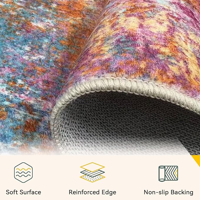 Washable Area Rugs 2'x10' Non-Slip Modern Abstract Soft for Living Room Entryway Bedroom Nursery, Print Pattern, Orange Blue Pink Yellow Colorful