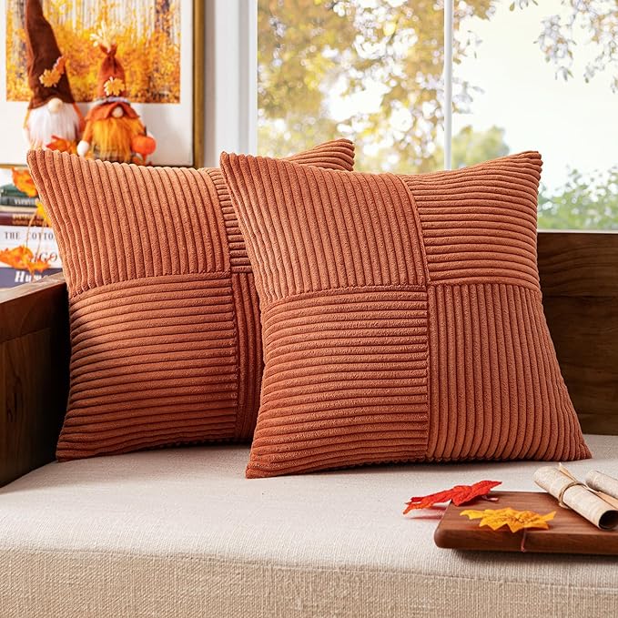 MIULEE Rust Decorative Throw Pillow Covers 18x18 Inch for Couch Bed Sofa Pack of 2 Boho Farmhouse Throw Pillows Soft Cross Corduroy Patchwork Textured Cushion Cases