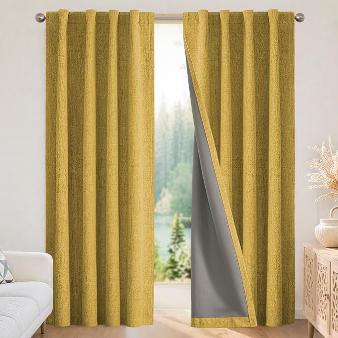 Joydeco Blackout Curtains for Bedroom - 100% Light Blocking 2 Panels Set Yellow Drapes 37" W x 84" L, Thermal Insulated Room Darkening Curtains, Linen Textured for Living Room, Rod Pocket & Back Tabs
