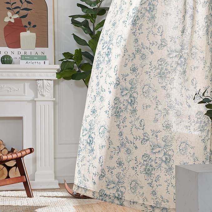 jinchan Linen Blend Curtain Floral Curtains for Living Room 84 Inch Length Blue Printed Curtain Rod Pocket Back Tab Farmhouse Peony Flower Patterned Drapes Bedroom Window Curtains Set 2 Panels