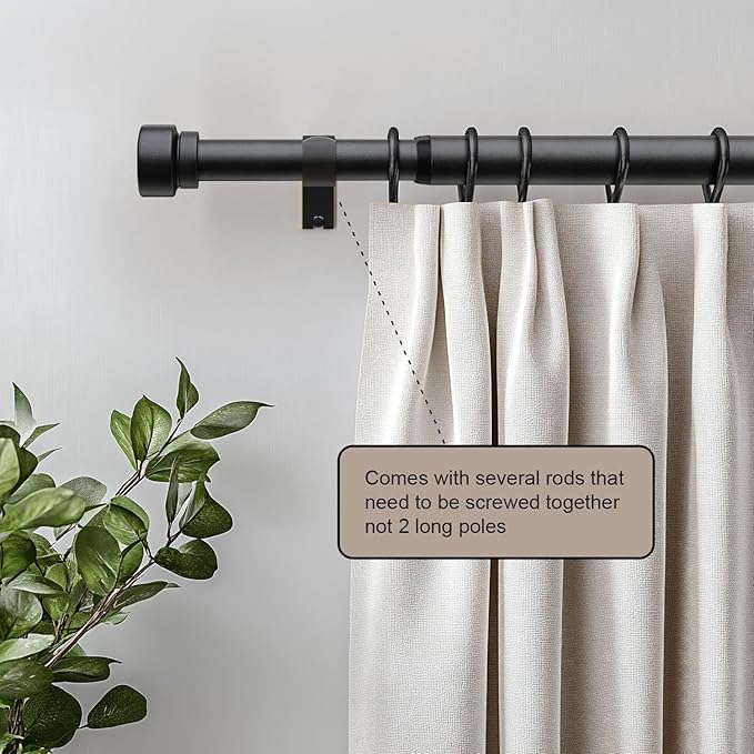 Lootkell Modern Matte Black Curtain Rods for Windows 66 to 120 Adjustable Length Heavy Duty 1" Diameter Window Curtain Rod with Solid Metal Finials for Outdoor Farmhouse Bedroom Kitchen Living Room