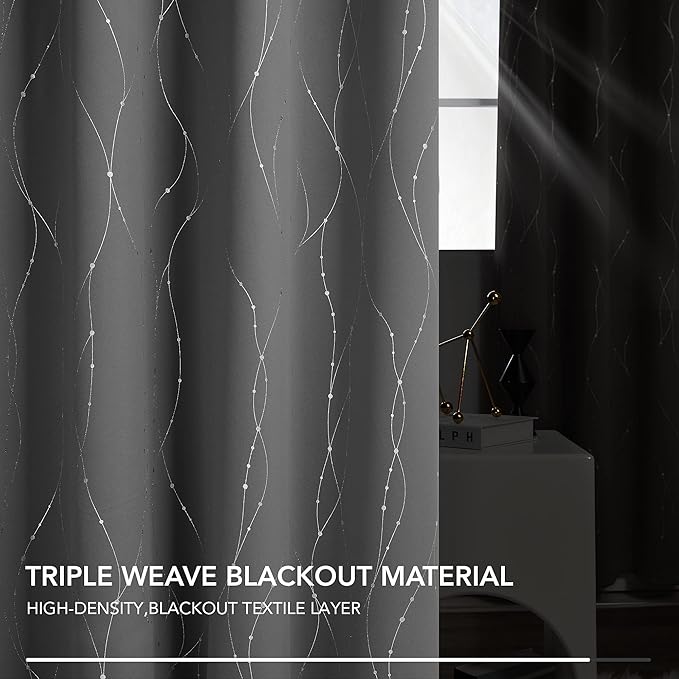 Deconovo Living Room Curtains, Blackout Drapes, Thermal Insulated Soundproof Panels, Modern Silver Wave Dots Print, 42 x 95 Inch Long, Machine Washable Panel for Bedroom Nursery, Set of 2, Light Grey