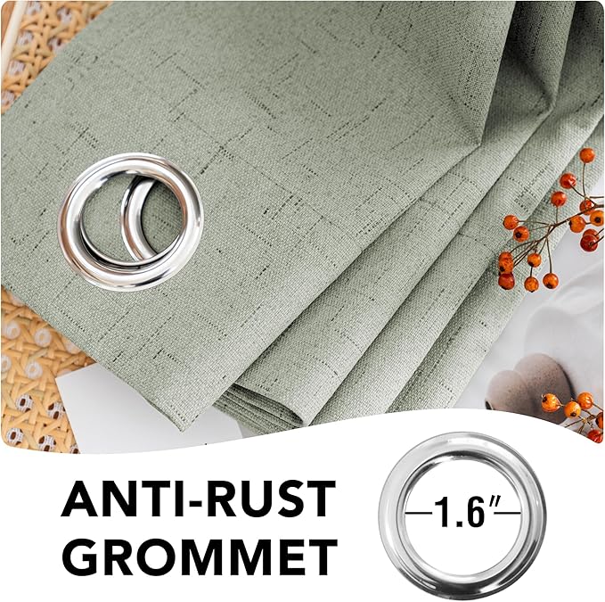 H.VERSAILTEX Bedroom Curtains Blackout, Sage Green Linen Blackout Curtains 84 Inches Long, 100% Blackout Thermal Textured Linen Look Curtain Draperies Grommet with White Liner, 2 Panels